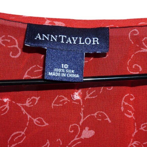 Ann Taylor Silk Blouse Women’s Size 10 Red Floral Tie Front Sheer Top Short Slee - Picture 10 of 12